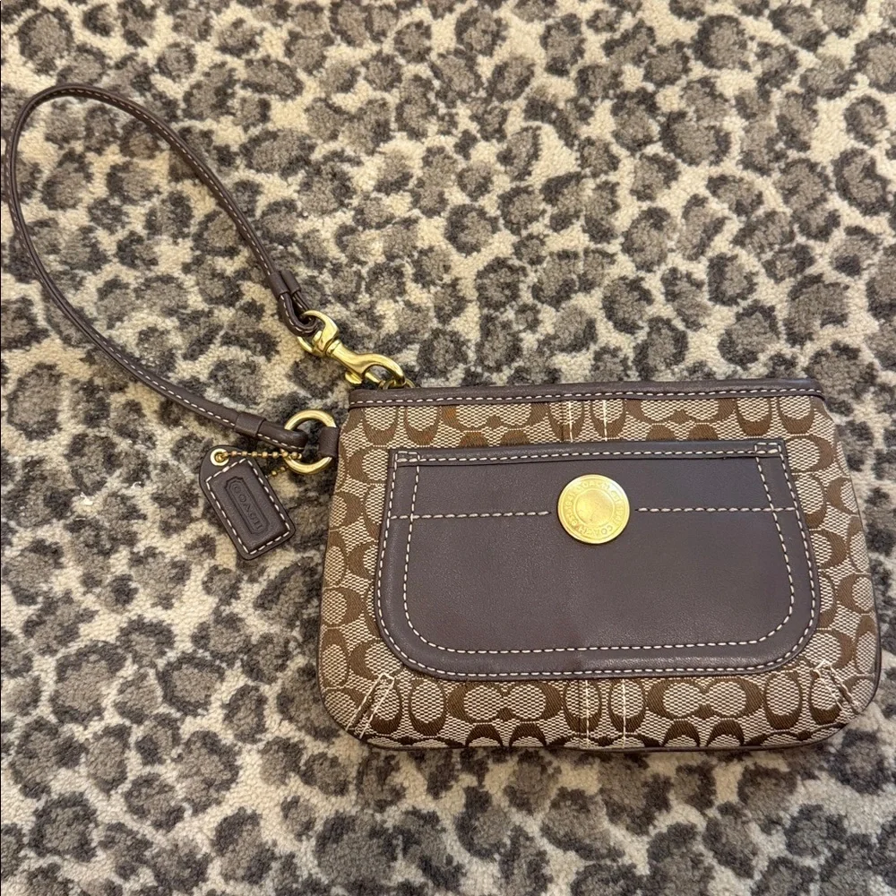 COACH Signature Canvas Wristlet Brown Leather Trim Zip Pouch Clutch small! Y2K!!